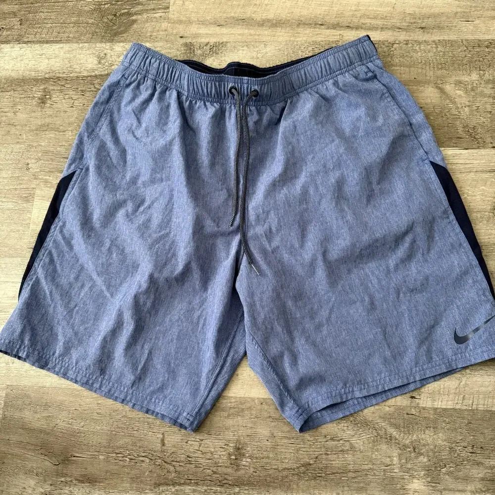 Nike Swim Trunks Mens Size XL Elastic Waist Blue Black Longer Length Spell Out